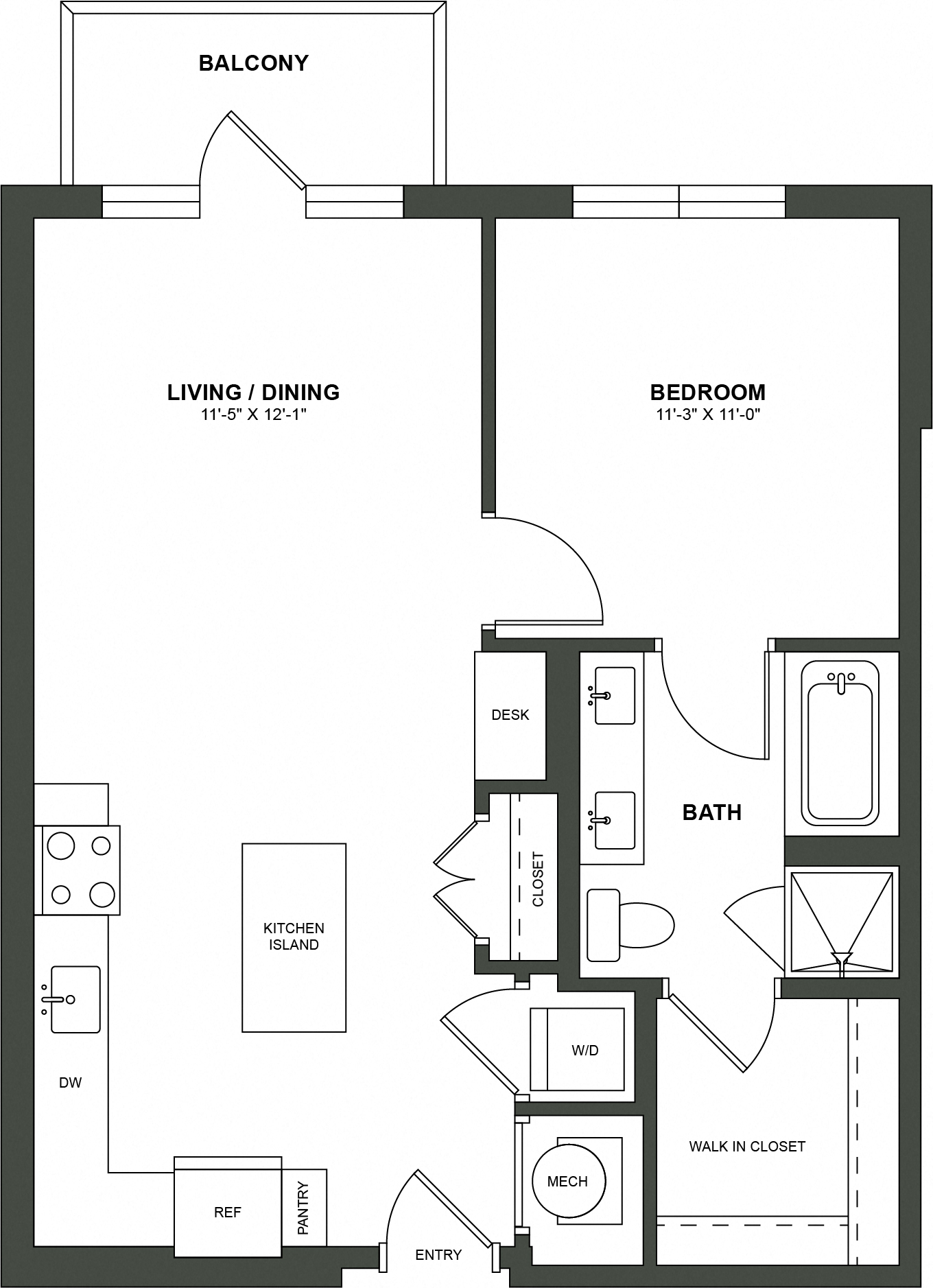 Floor plan for 1 bed, 1 bath, 740 sqft